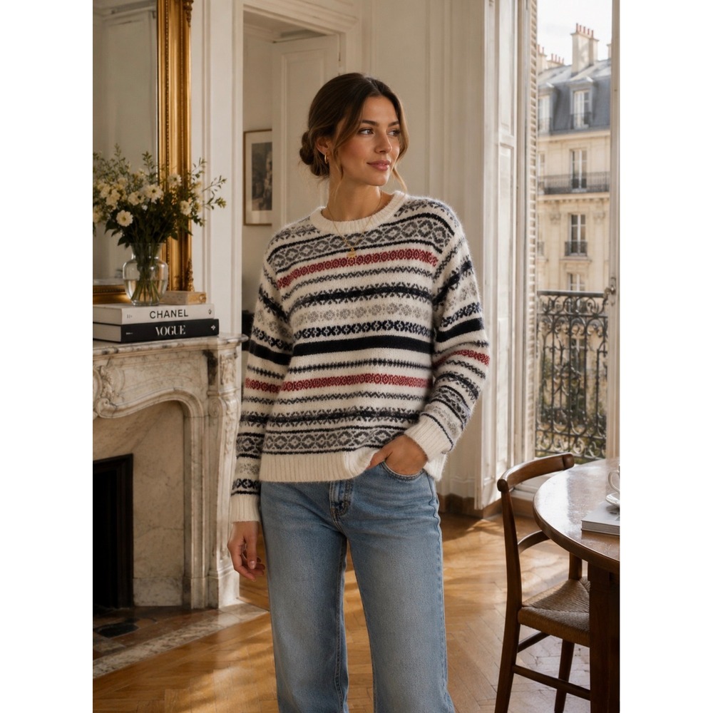 Nautica Woman's Med Fair Isle Cotton Wool Crewneck Sweater White Navy Cozy